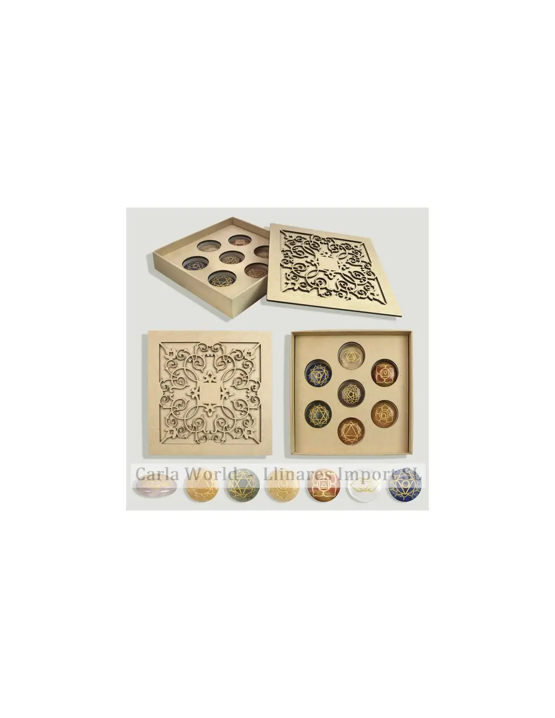 7 Chakras em Caixa Flor da Vida (Pedras 3,5cm)