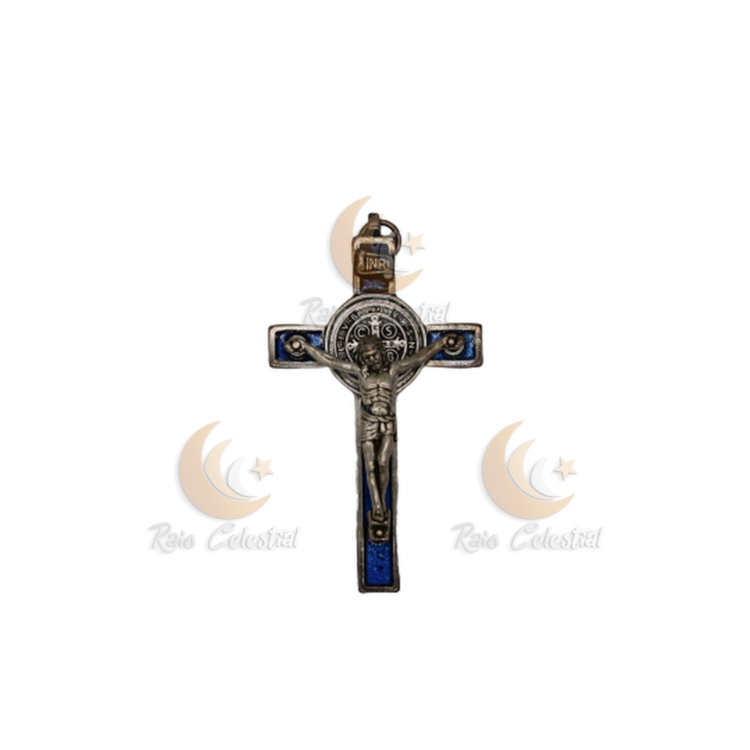 Cruz de S.Bento prateada/azul claro 7cm