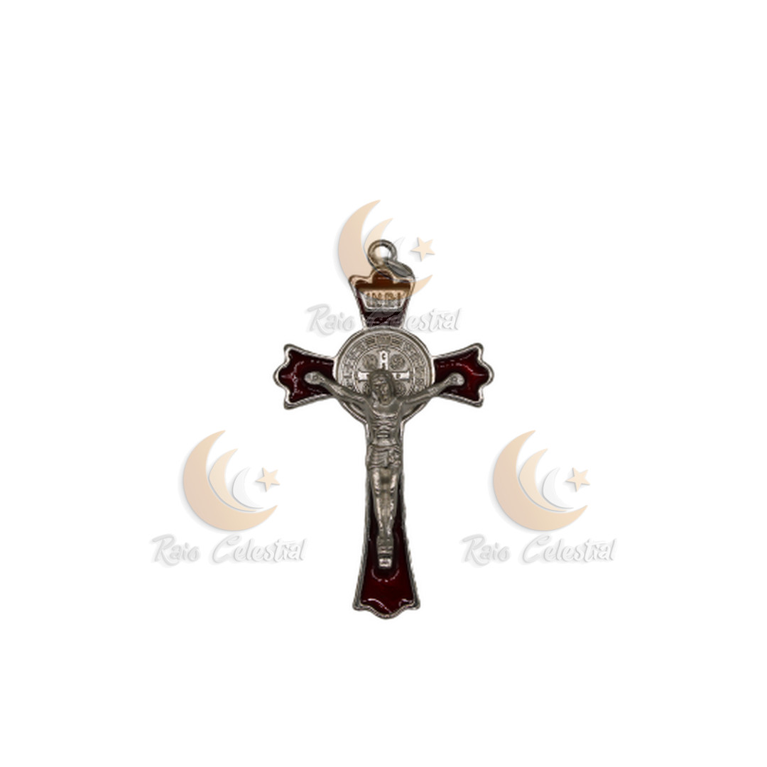 Cruz de S.Bento prateada/vermelho 7cm